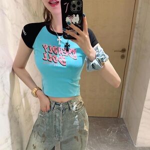 Chrome Hearts Baby Tee Blue Y2K Leopard Logo Crop Top Trendy Retro Streetwear S